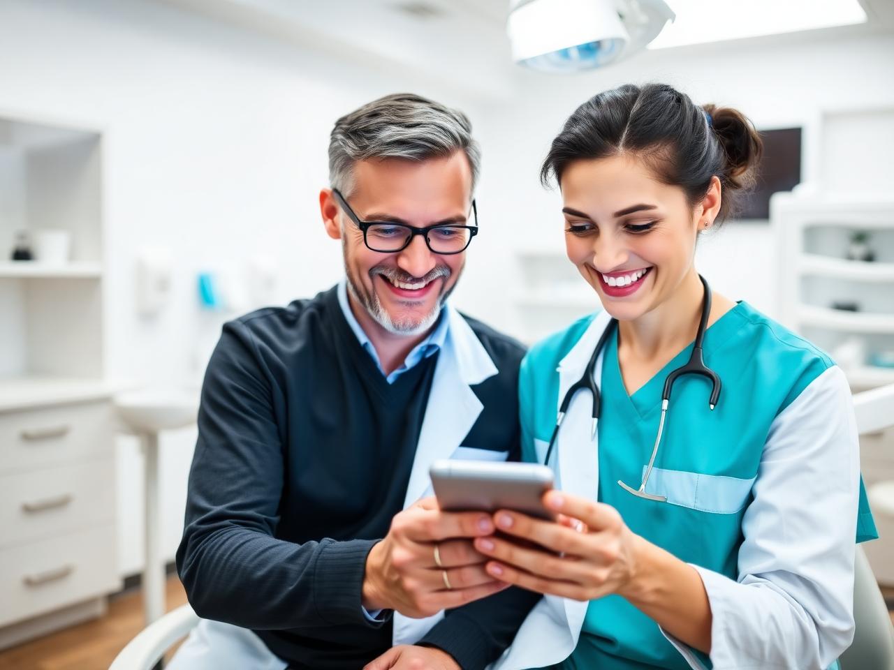 Dentista mostrando o site da clínica no celular para um paciente